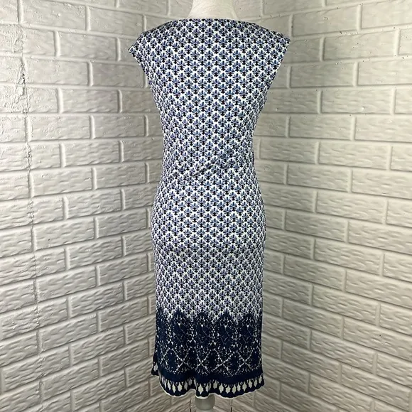 TORY BURCH Jamie Cap-Sleeve Rayon Sheath Dress Border Coast White/Blue SZ XS