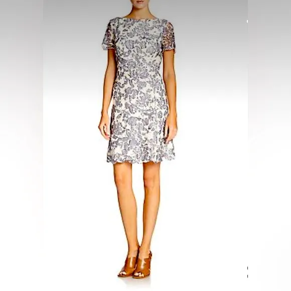Tory Burch Lacy Summer Dress Moonrise Issy Floral Motif Boat neckline Size 10