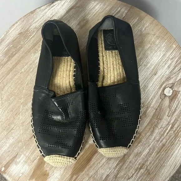 Tory Burch Leather Espadrille Black Slip on Shoes Sz 7