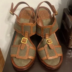 Tory Burch Open Toe Wooden Block Heel Slingback Shoes Size 8M