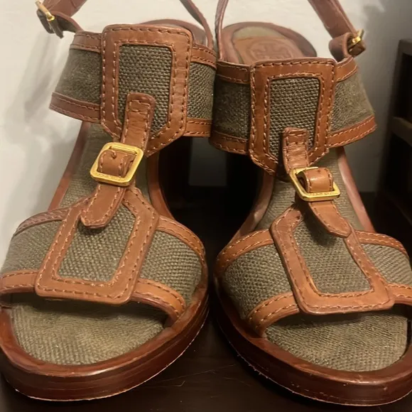Tory Burch Open Toe Wooden Block Heel Slingback Shoes Size 8M