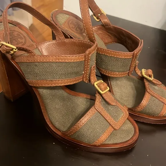 Tory Burch Open Toe Wooden Block Heel Slingback Shoes Size 8M
