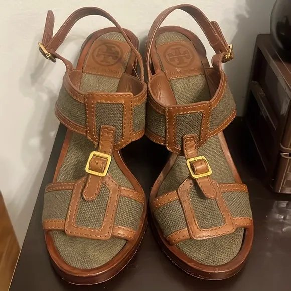 Tory Burch Open Toe Wooden Block Heel Slingback Shoes Size 8M