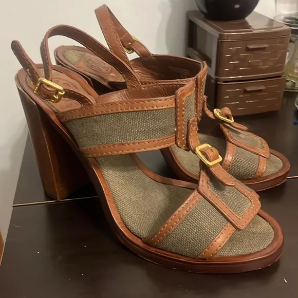 Tory Burch Open Toe Wooden Block Heel Slingback Shoes Size 8M