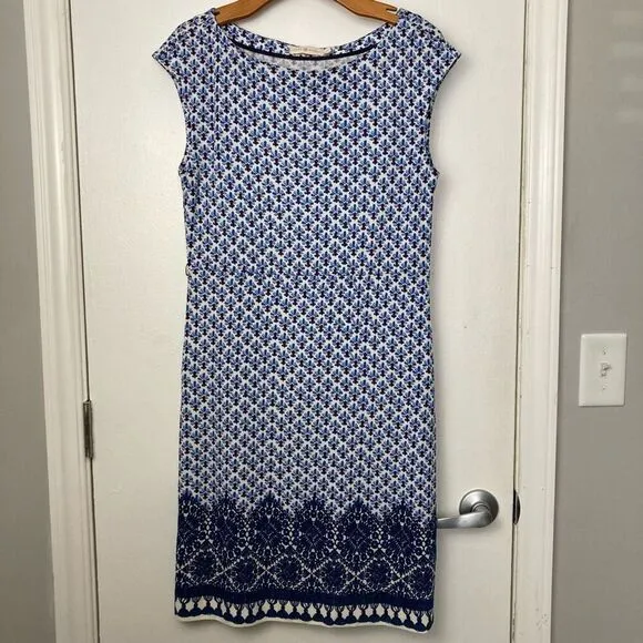 Tory Burch Jamie Cap Short Sleeve Sheath Floral Dress Navy White Printed S Small