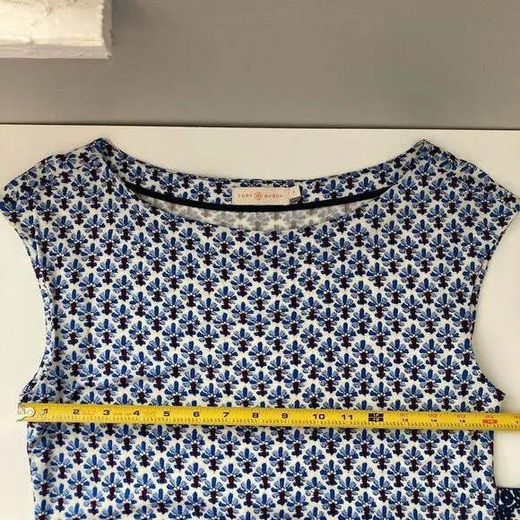Tory Burch Jamie Cap Short Sleeve Sheath Floral Dress Navy White Printed S Small