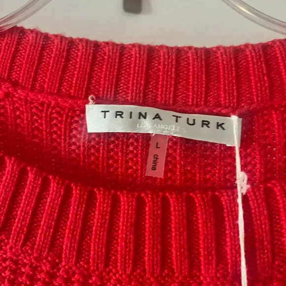 Trina Turk red open knit wool boat neck sweater - L