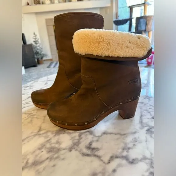 UGG Lynnea Womens Nubuck Leather Boots Clog Size 8 Brown