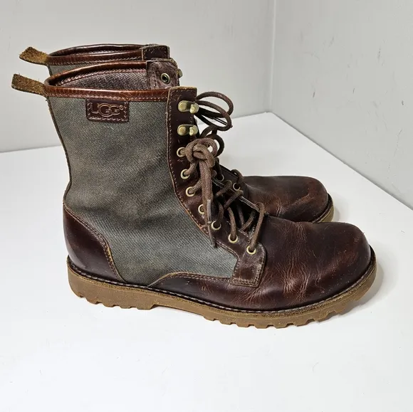 Ugg Montgomery Leather Canvas Boots Chestnut Brown Army Green Lug Soles Men's 9