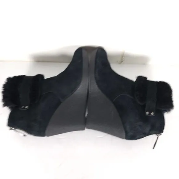 UGG Women's Antonia US 7 Black Suede Fur Cuffed Wedge Ankle Boots Booties