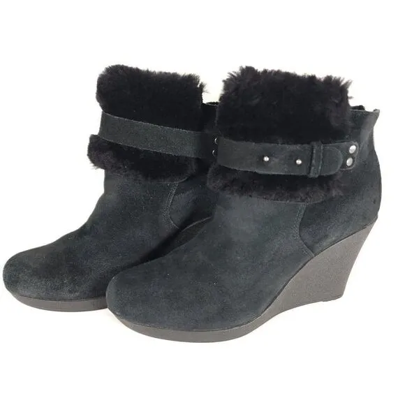 UGG Women's Antonia US 7 Black Suede Fur Cuffed Wedge Ankle Boots Booties