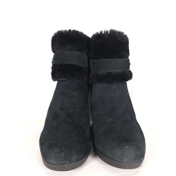 UGG Women's Antonia US 7 Black Suede Fur Cuffed Wedge Ankle Boots Booties