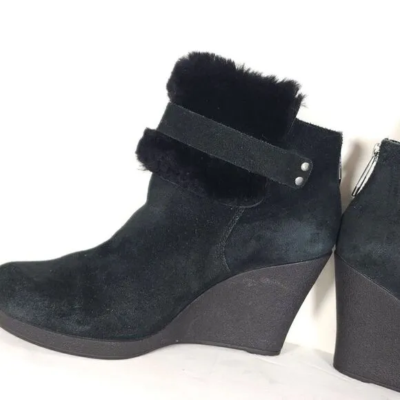 UGG Women's Antonia US 7 Black Suede Fur Cuffed Wedge Ankle Boots Booties
