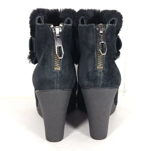UGG Women's Antonia US 7 Black Suede Fur Cuffed Wedge Ankle Boots Booties