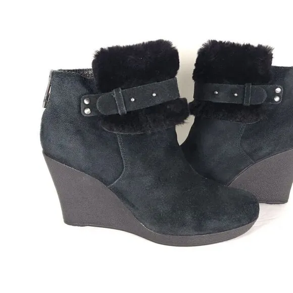 UGG Women's Antonia US 7 Black Suede Fur Cuffed Wedge Ankle Boots Booties
