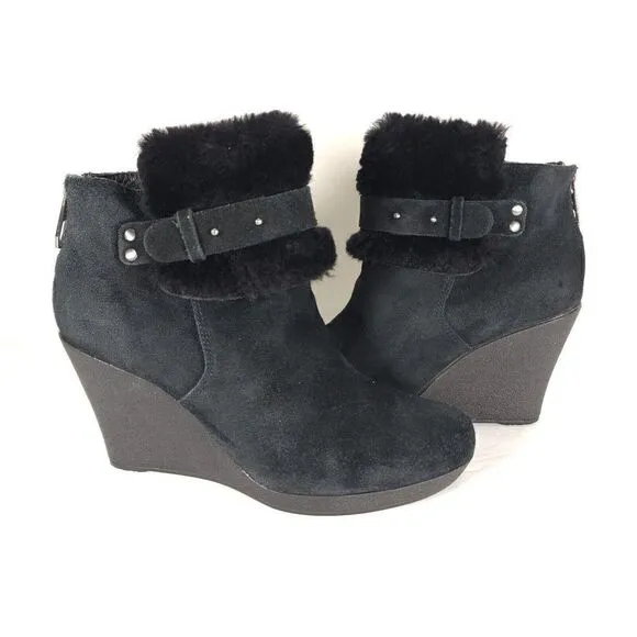 UGG Women's Antonia US 7 Black Suede Fur Cuffed Wedge Ankle Boots Booties