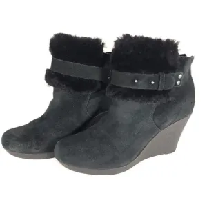 UGG Women's Antonia US 7 Black Suede Fur Cuffed Wedge Ankle Boots Booties