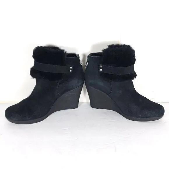 UGG Women's Antonia US 7 Black Suede Fur Cuffed Wedge Ankle Boots Booties