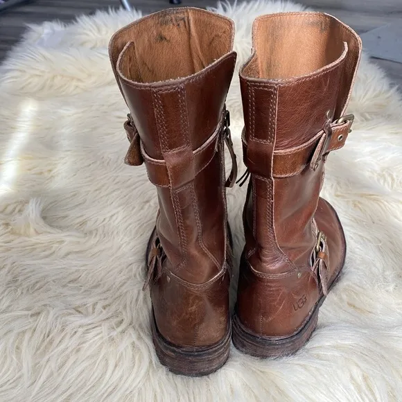 UGG Women's Brown Distressed Leather Buckles Boots sz 6.5 Moto Boho Western