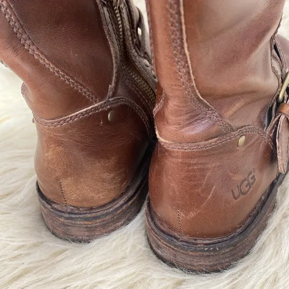 UGG Women's Brown Distressed Leather Buckles Boots sz 6.5 Moto Boho Western