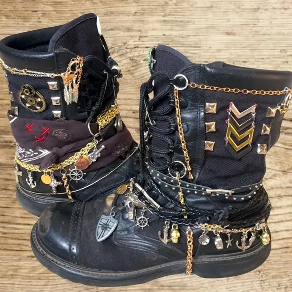 Upcycled Punk rock army combat Moto boots