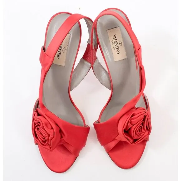 Valentino 39.5 US 9.5 shoes rose sandals red silk satin open toe slingback