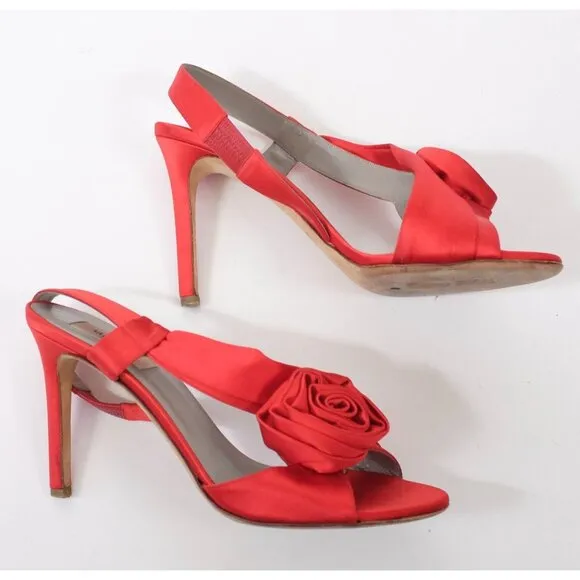 Valentino 39.5 US 9.5 shoes rose sandals red silk satin open toe slingback
