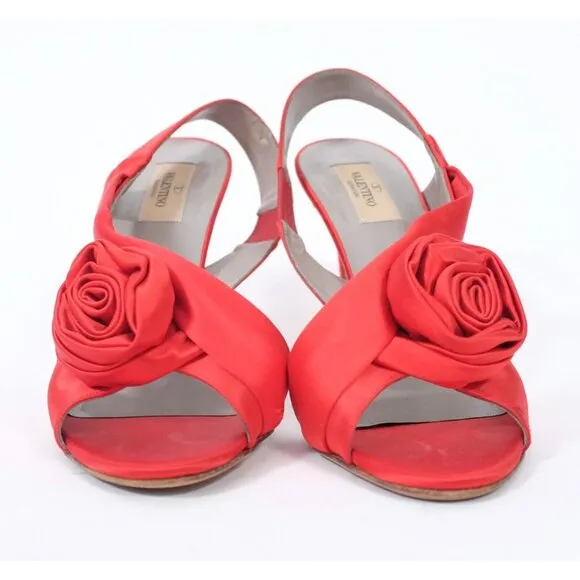 Valentino 39.5 US 9.5 shoes rose sandals red silk satin open toe slingback