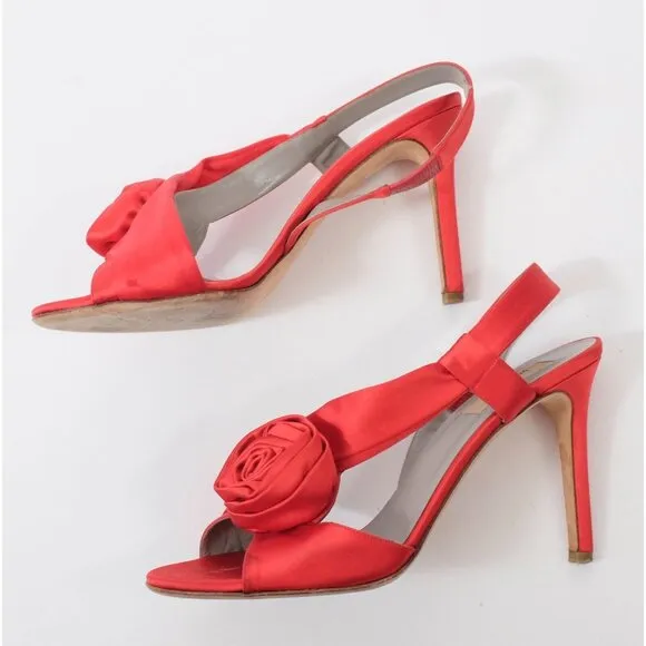 Valentino 39.5 US 9.5 shoes rose sandals red silk satin open toe slingback