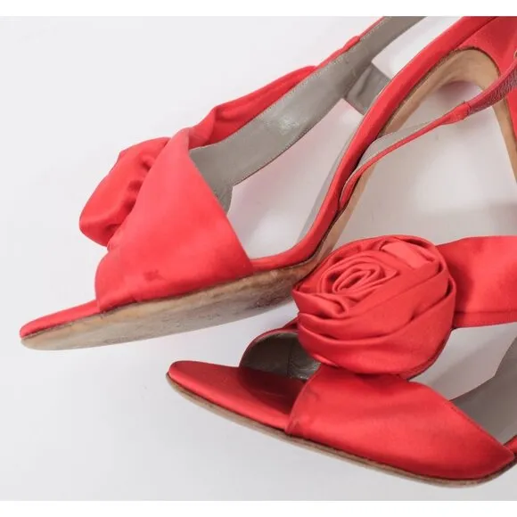 Valentino 39.5 US 9.5 shoes rose sandals red silk satin open toe slingback