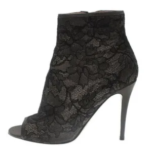 Valentino Garavani Black Floral Lace Leather Open Toe Heels Ankle Boots 40