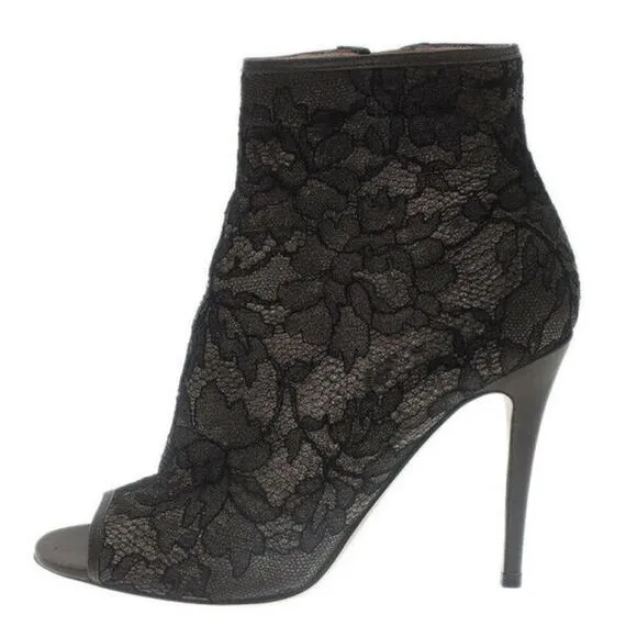 Valentino Garavani Black Floral Lace Leather Open Toe Heels Ankle Boots 40
