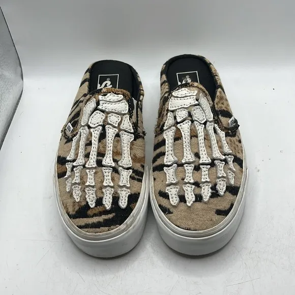 Vans Hazy Bone Skeleton Slip On Sneakers Shoes Mules Brown Womens 8 Mens 6.5