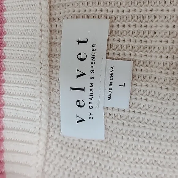 Velvet Kierra Long Sleeve Textured Cotton Henley Striped Sweater Ecru/Rose NWT