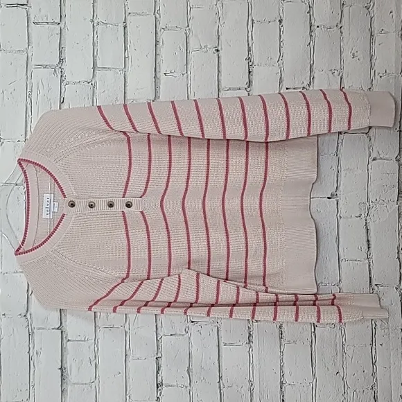 Velvet Kierra Long Sleeve Textured Cotton Henley Striped Sweater Ecru/Rose NWT