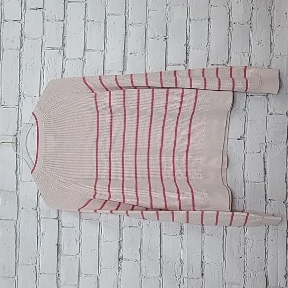 Velvet Kierra Long Sleeve Textured Cotton Henley Striped Sweater Ecru/Rose NWT