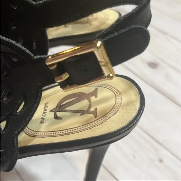Vero Cuoio Black Leather Sling Back Embroidered Heels
