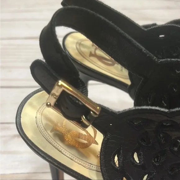 Vero Cuoio Black Leather Sling Back Embroidered Heels