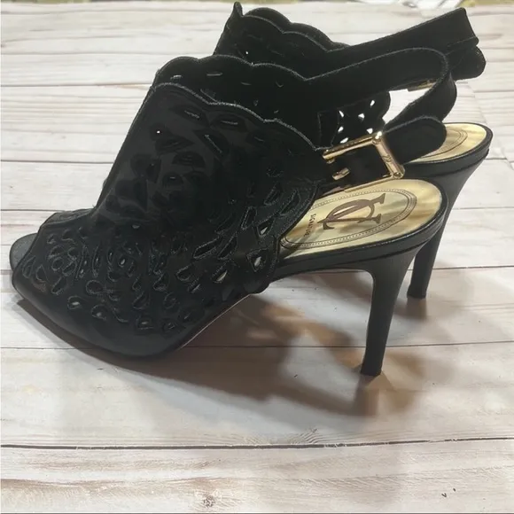 Vero Cuoio Black Leather Sling Back Embroidered Heels