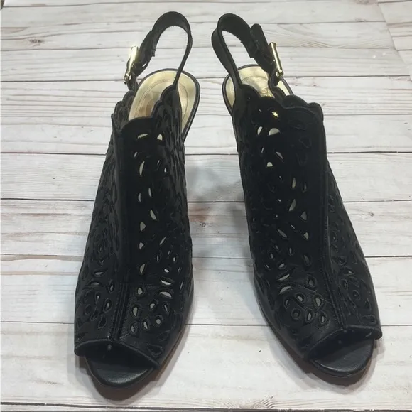 Vero Cuoio Black Leather Sling Back Embroidered Heels
