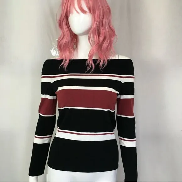 Veronica Beard Audrey Black Cream &amp; Brick Off The Shoulder Stripe Knit Sweater M