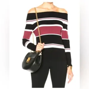 Veronica Beard Audrey Black Cream &amp; Brick Off The Shoulder Stripe Knit Sweater M