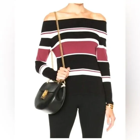 Veronica Beard Audrey Black Cream &amp; Brick Off The Shoulder Stripe Knit Sweater M