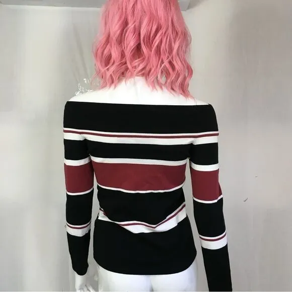 Veronica Beard Audrey Black Cream &amp; Brick Off The Shoulder Stripe Knit Sweater M