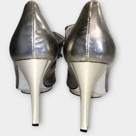 Versace Shoes Sz 7.5 (37.5)100% Leather Metallic Silver Heel 4&quot; Royalty OldMoney