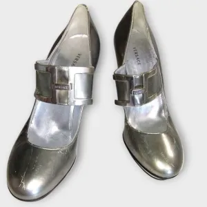 Versace Shoes Sz 7.5 (37.5)100% Leather Metallic Silver Heel 4&quot; Royalty OldMoney