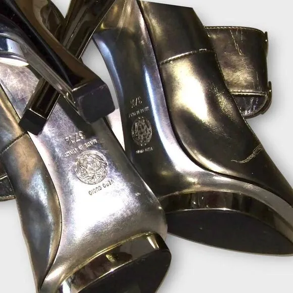 Versace Shoes Sz 7.5 (37.5)100% Leather Metallic Silver Heel 4&quot; Royalty OldMoney