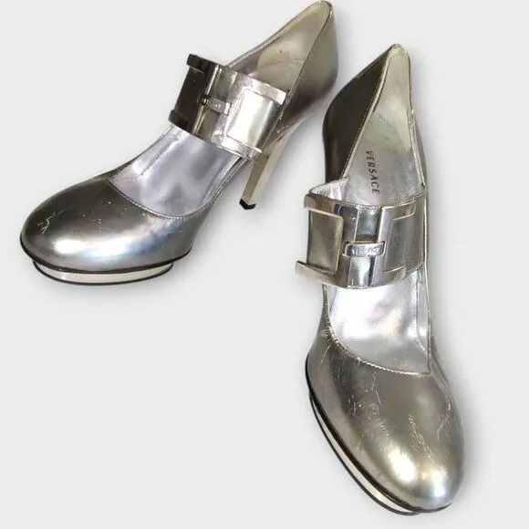 Versace Shoes Sz 7.5 (37.5)100% Leather Metallic Silver Heel 4&quot; Royalty OldMoney