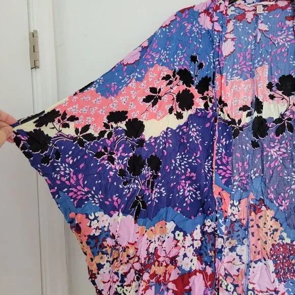 Victoria's Secret Blue Pink Floral Open Kimono PJ Sleep Gown Robe Sz XS / Small