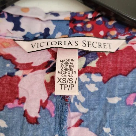 Victoria's Secret Blue Pink Floral Open Kimono PJ Sleep Gown Robe Sz XS / Small